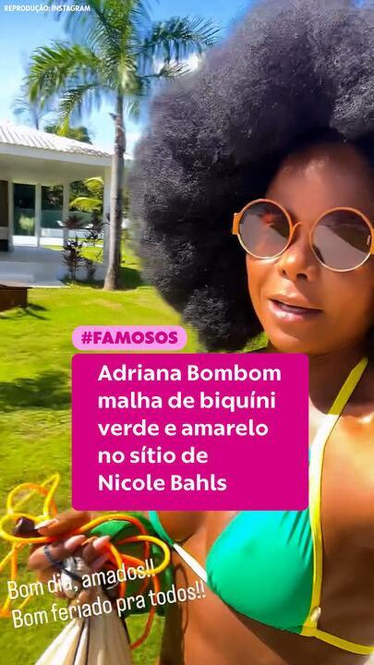 Adriana Bombom malha de biquíni verde e amarelo no sítio de Nicole Bahls