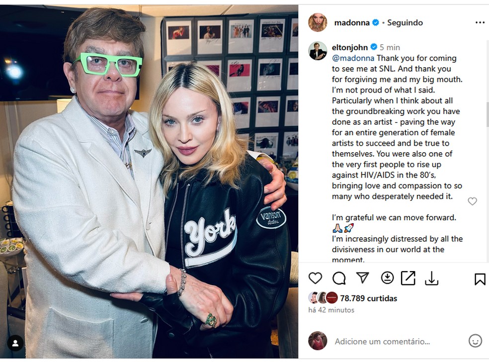 Elton John responde post de Madonna — Foto: Reprodução/Instagram