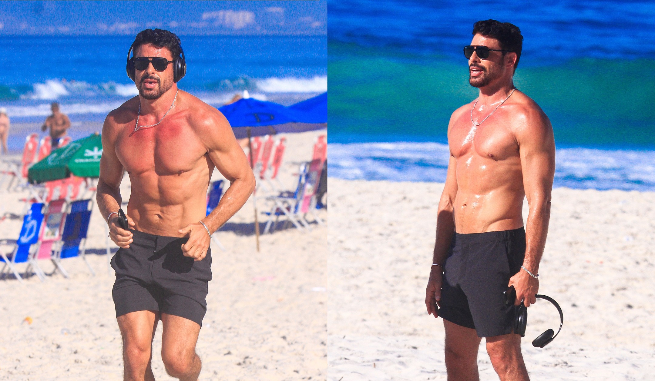 Cauã Reymond exibe tanquinho em corrida na praia da Barra no Rio