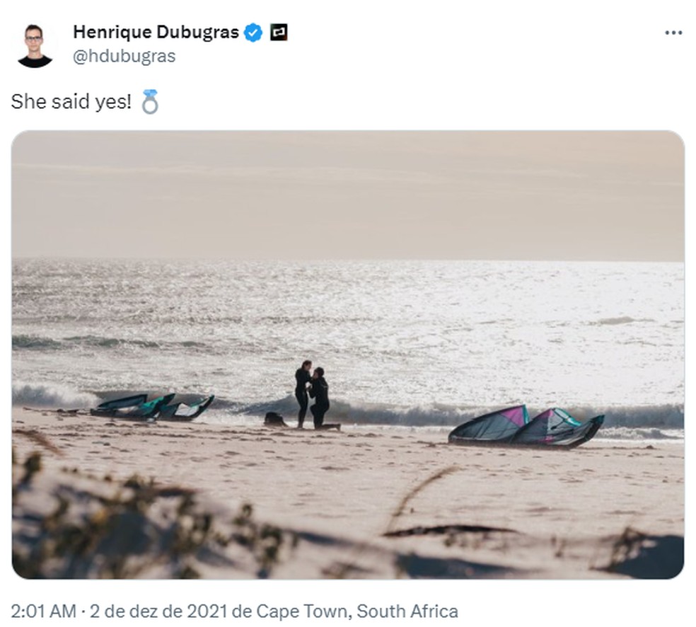 Henrique Dubugras pediu Laura em casamento em 2021, em Cabo Verde, na África do Sul. — Foto: Reprodução