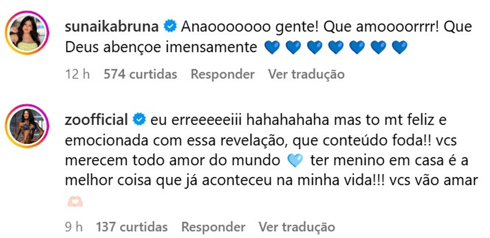 Bruna Sunaika e Zoo celebram revelação do sexo do bebê de Gusta Stockler e Jani Lopes — Foto: Instagram