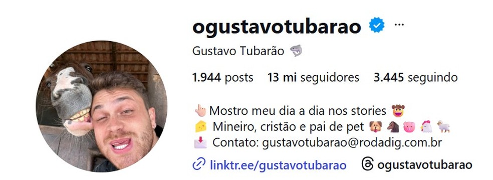 Gustavo Tubarão tem mais de 13 milhões de seguidores no Instagram — Foto: Instagram
