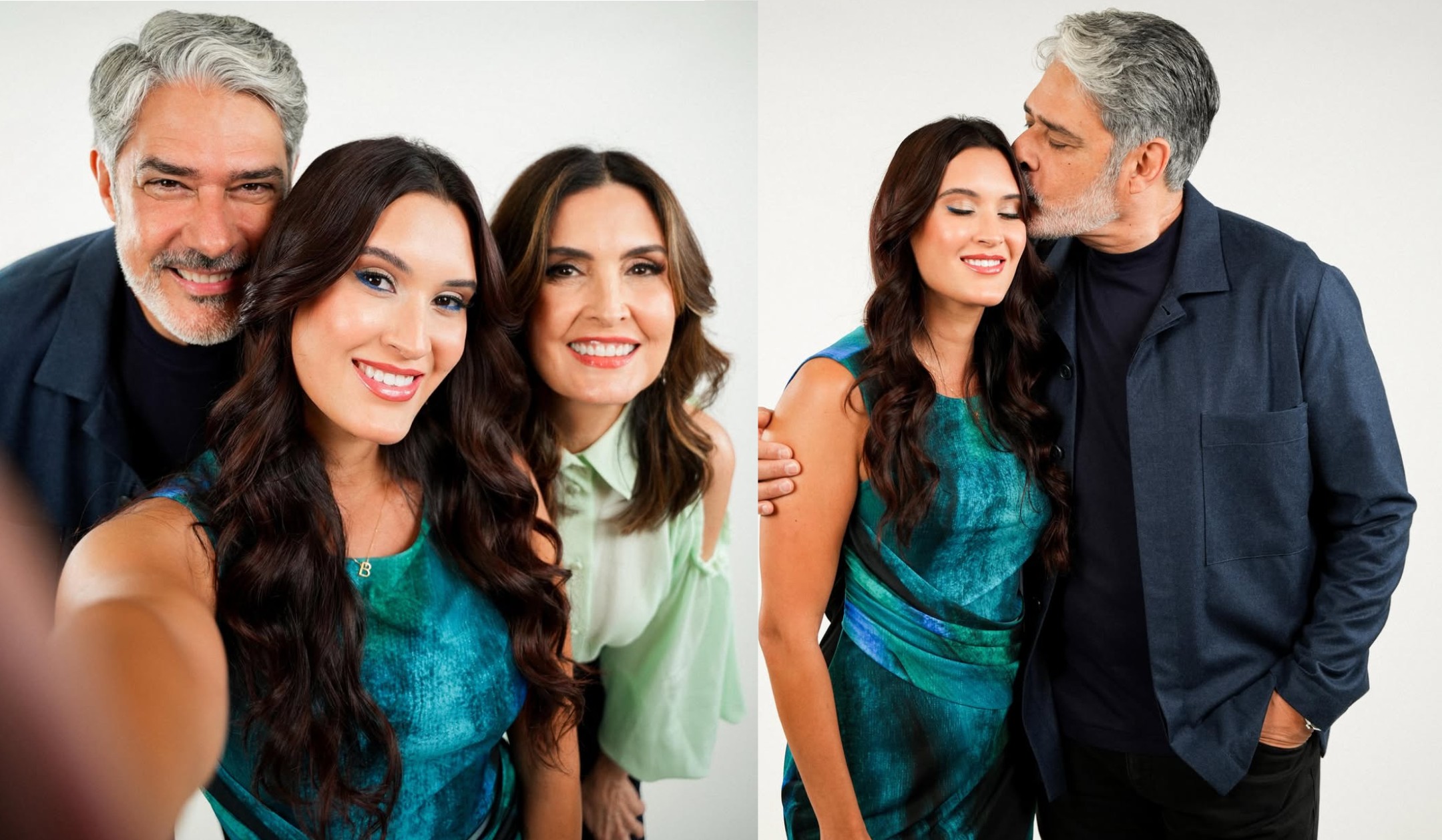 Fátima Bernardes, William Bonner e Beatriz Bonemer durante gravação de videocast