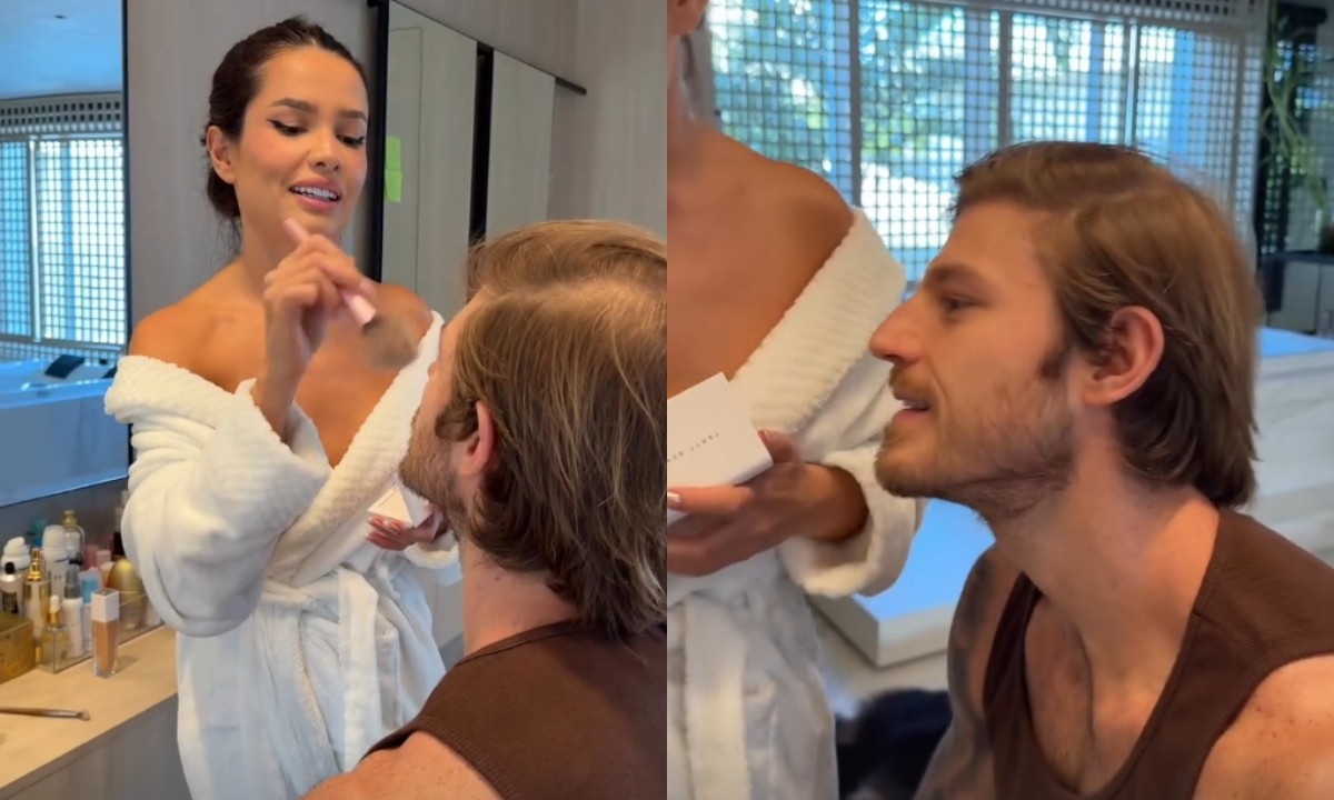 Juliette maquia o noivo e brinca: 'Quer tirar as olheiras'