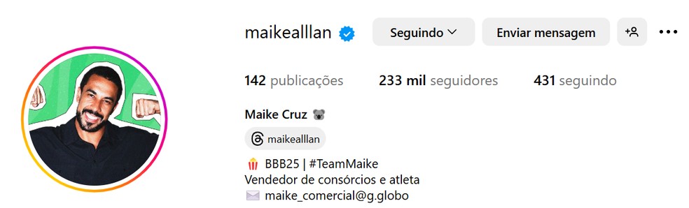 Perfil de Maike após 2 meses de programa — Foto: Reprodução / Instagram