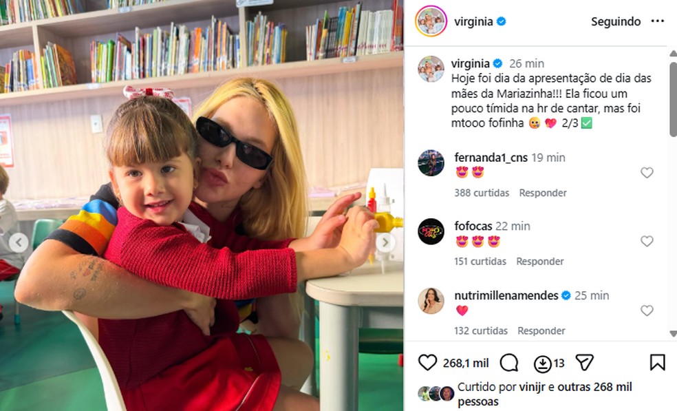 Vini Jr. curte post de Virginia com a primogênita, Maria Alice — Foto: Instagram