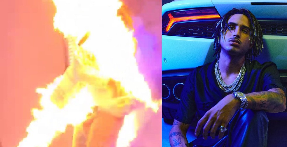Matuê se assustou com fogo em palco — Foto: Reprodução/Twitter e Instagram