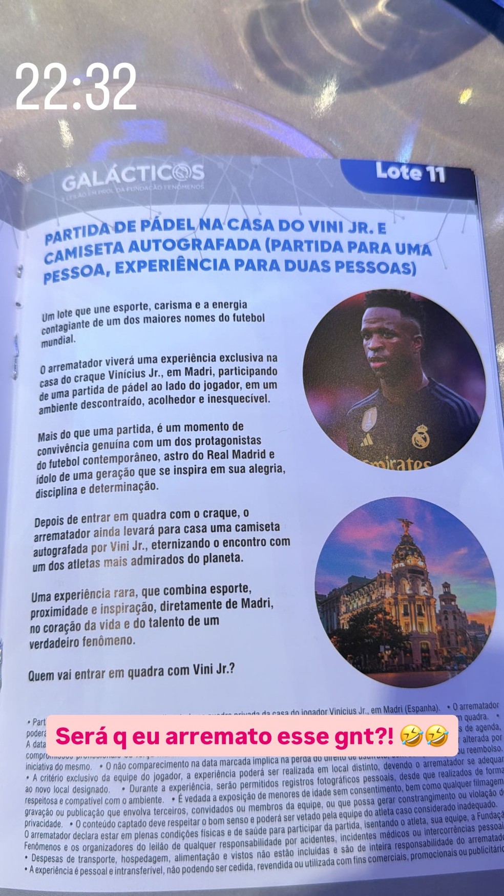 Experiência com Vini Jr. leiloada e arrematada por Virginia — Foto: Instagram