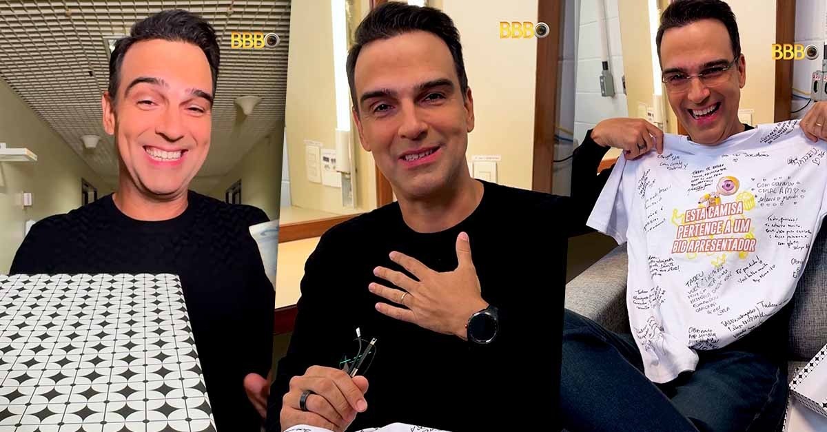 Tadeu Schmidt se emociona com presente surpresa de ex-BBBs: 'Vocês moram no meu coração'