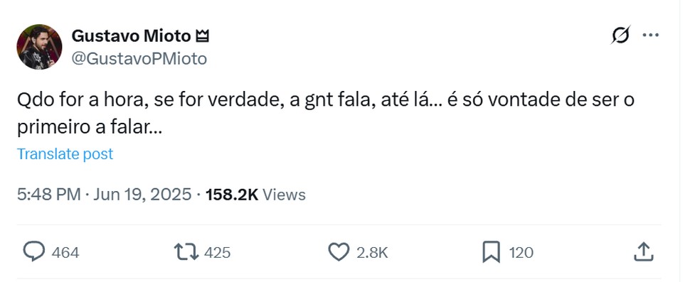 Ana Castela comenta boatos de volta com Gustavo Mioto: 'Vai acontecer na hora que tem que acontecer' — Foto: Reprodução/X
