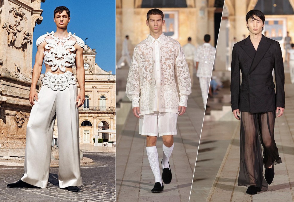 Desfile masculino da Dolce & Gabbana teve roupas de renda, tule e cetim — Foto: Reprodução/Instagram