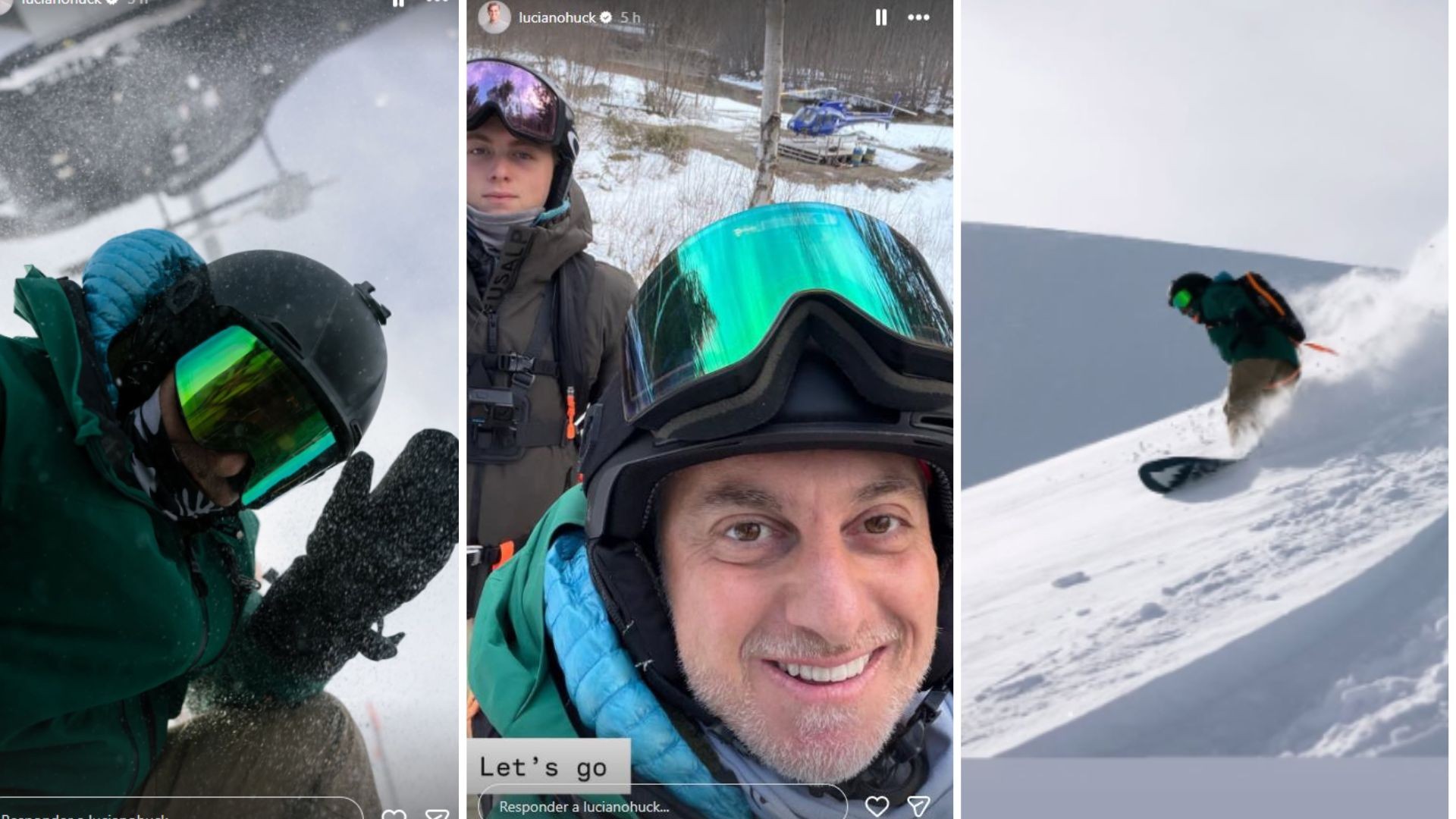 Luciano Huck curte viagem com Benício, se aventura na neve e manda recado para Angélica: 'Não se preocupe'