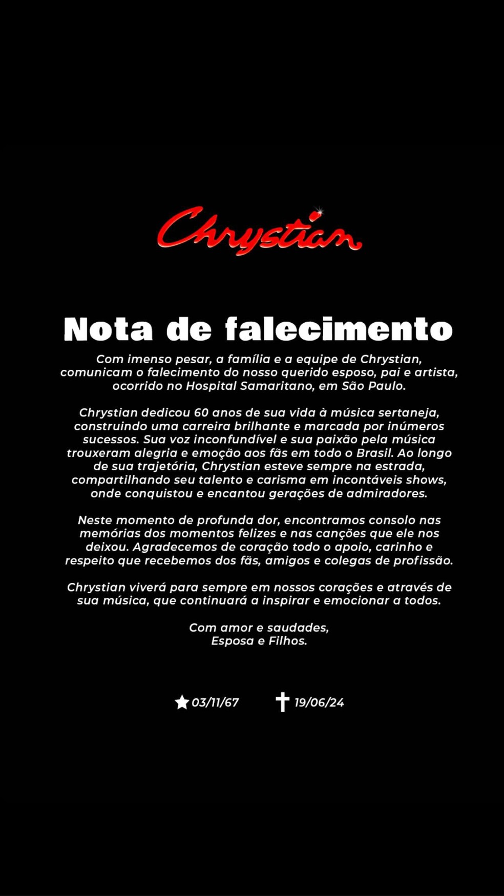 Nota de falecimento de Chrystian — Foto: Reprodução/Instagram