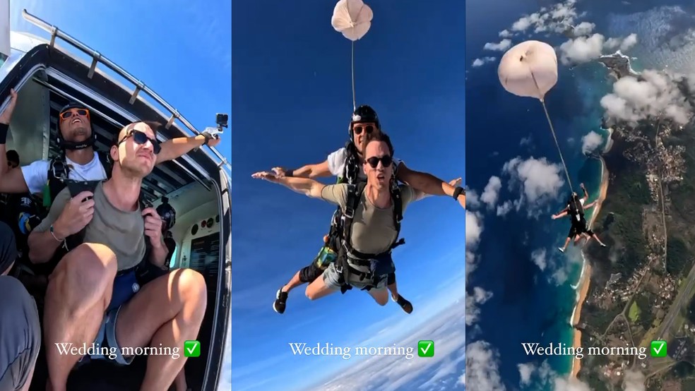 Bilionário que fechou Fernando de Noronha, Henrique Dubugras salta de paraquedas em manhã do casamento — Foto: Reprodução