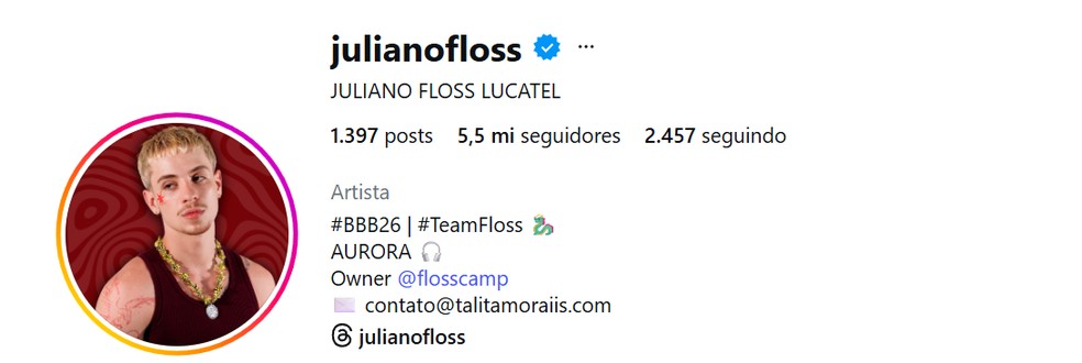 Veja quantos seguidores tem Juliano Floss, do BBB 26, atualmente — Foto: reprodução/Instagram