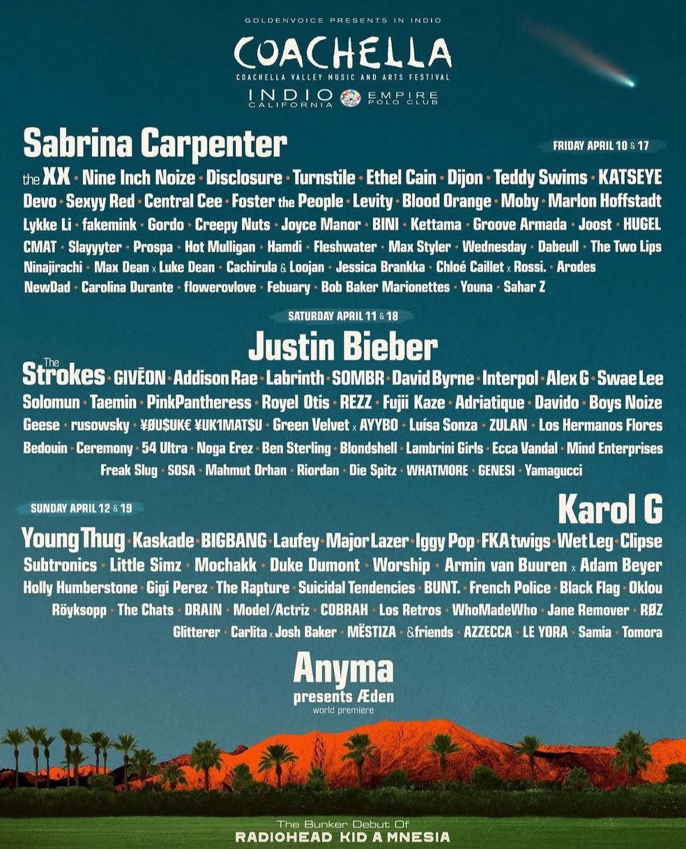 Após 3 anos longe dos palcos, Justin Bieber é confirmado no Coachella 2026 — Foto: Instagram