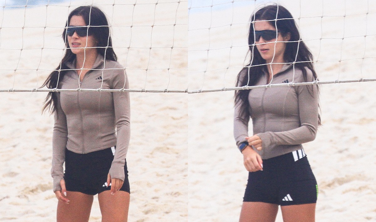 Jade Picon curte futevôlei na praia em dia nublado no Rio de Janeiro