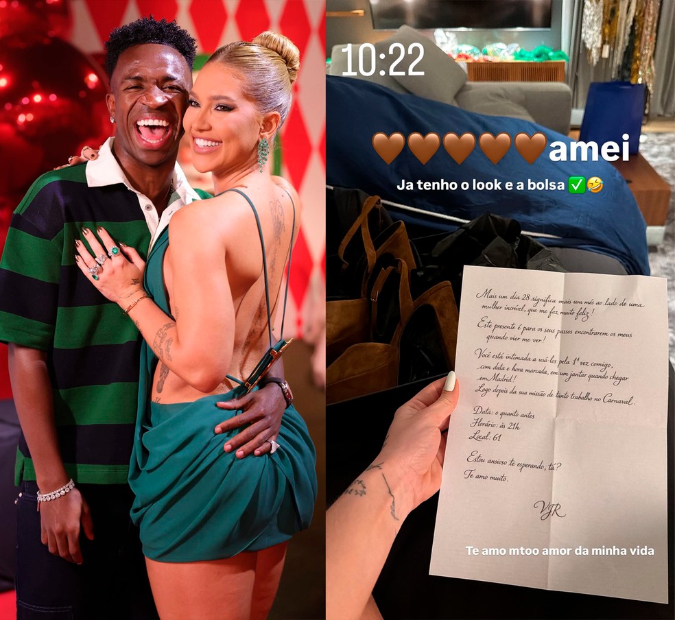 Virginia recebe presente e carta apaixonada de Vini Jr: 'intimada a usá-los pela 1ª vez comigo' — Foto: Reprodução/Instagram