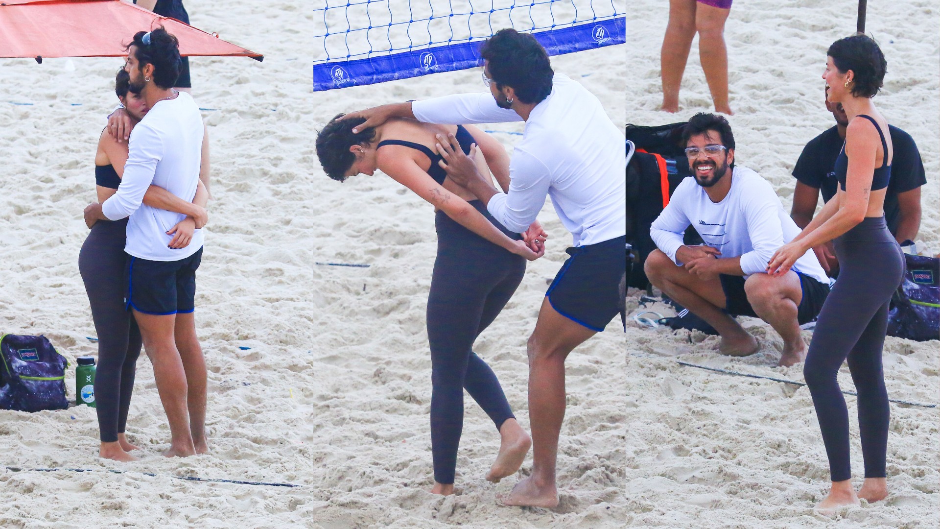Entre chamego e brincadeiras, Agatha Moreira e Rodrigo Simas treinam vôlei em praia do Rio