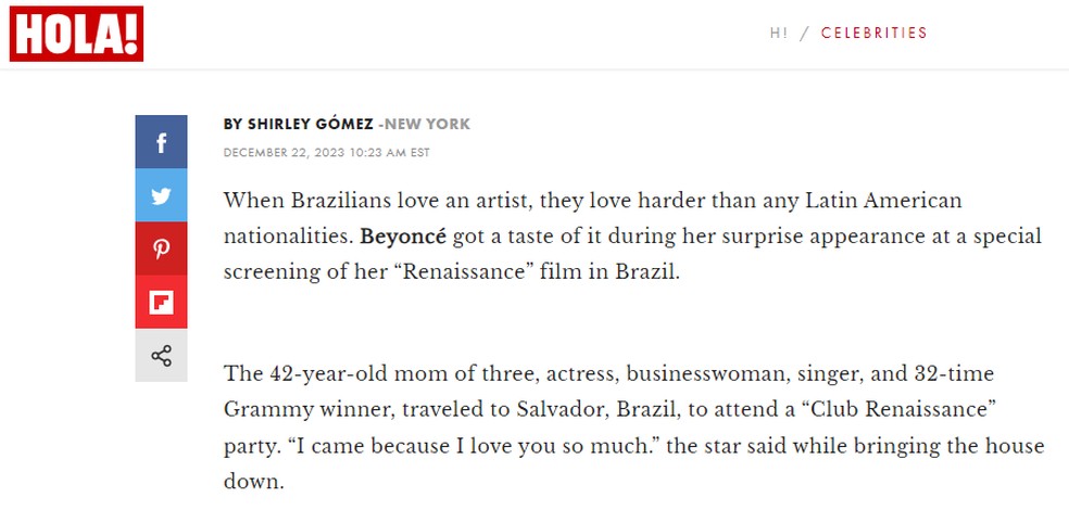 Revista latino-americana repercute vinda de Beyoncé ao Brasil — Foto: Hola