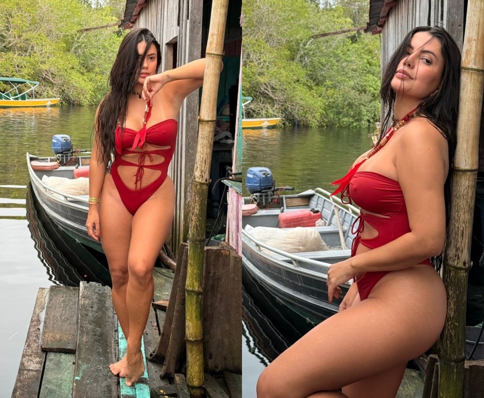 Fernanda Bande exibe corpão durante mergulho com os botos no Festival da Cunhã — Foto: Edvaldo Cavalcanti