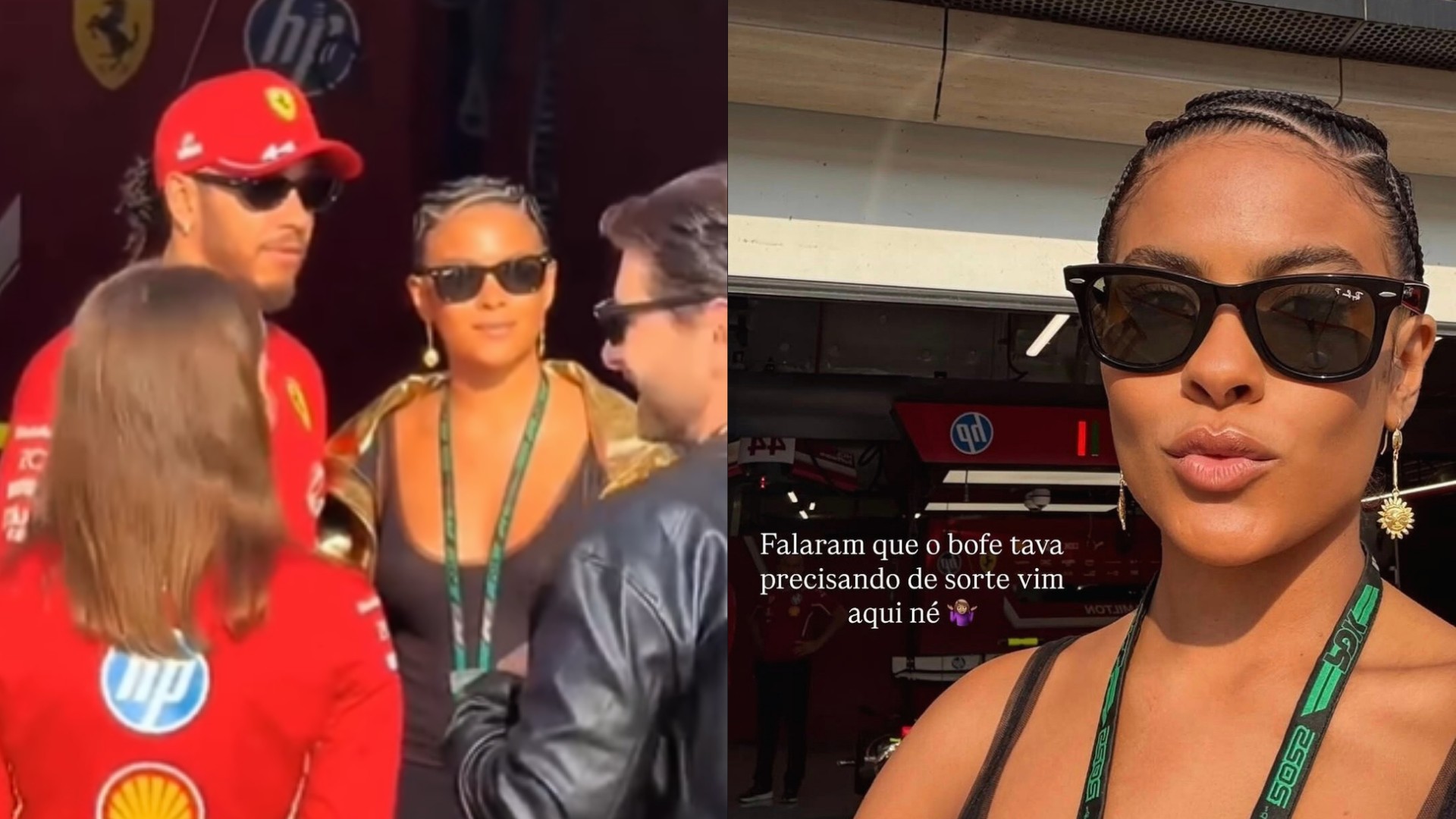 Bella Campos encontra Lewis Hamilton no Catar e internautas brincam com momento: 'Ela venceu!'