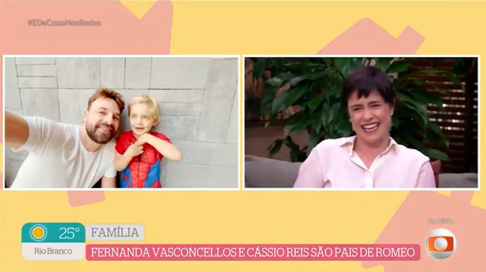 Cássio Reis e o filho Romeo surpreendem Fernanda Vasconcellos — Foto: Globo