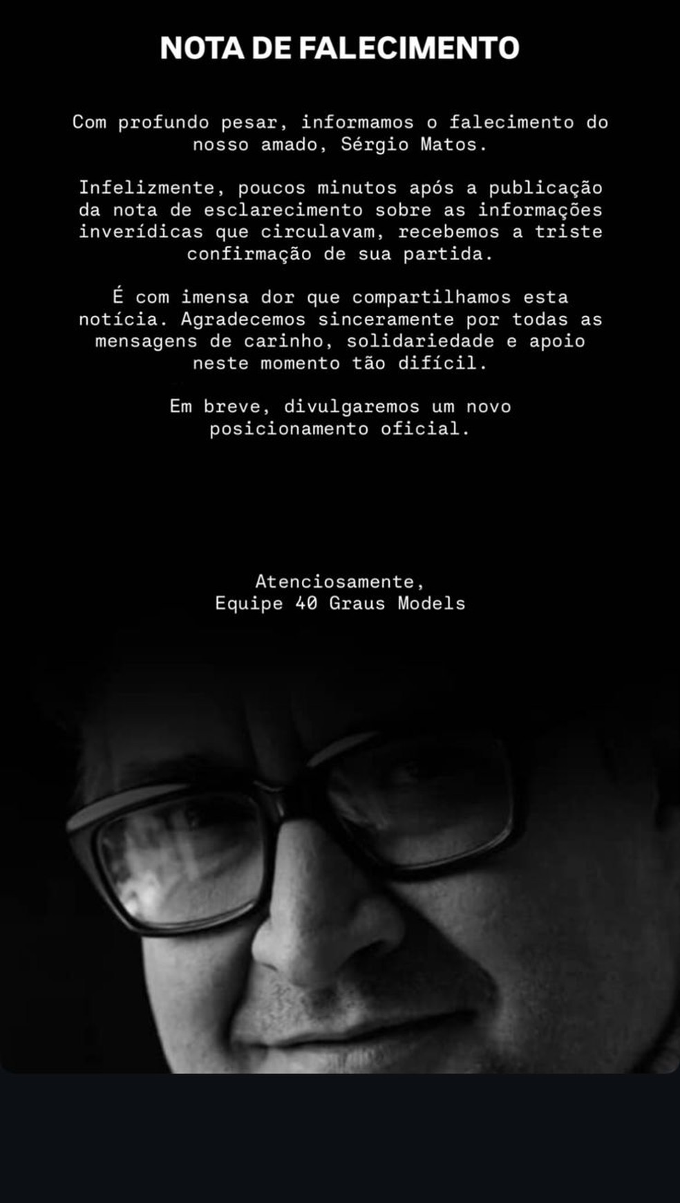 40° Models lamenta morte de seu fundador, Sérgio Mattos — Foto: Reprodução/Instagram
