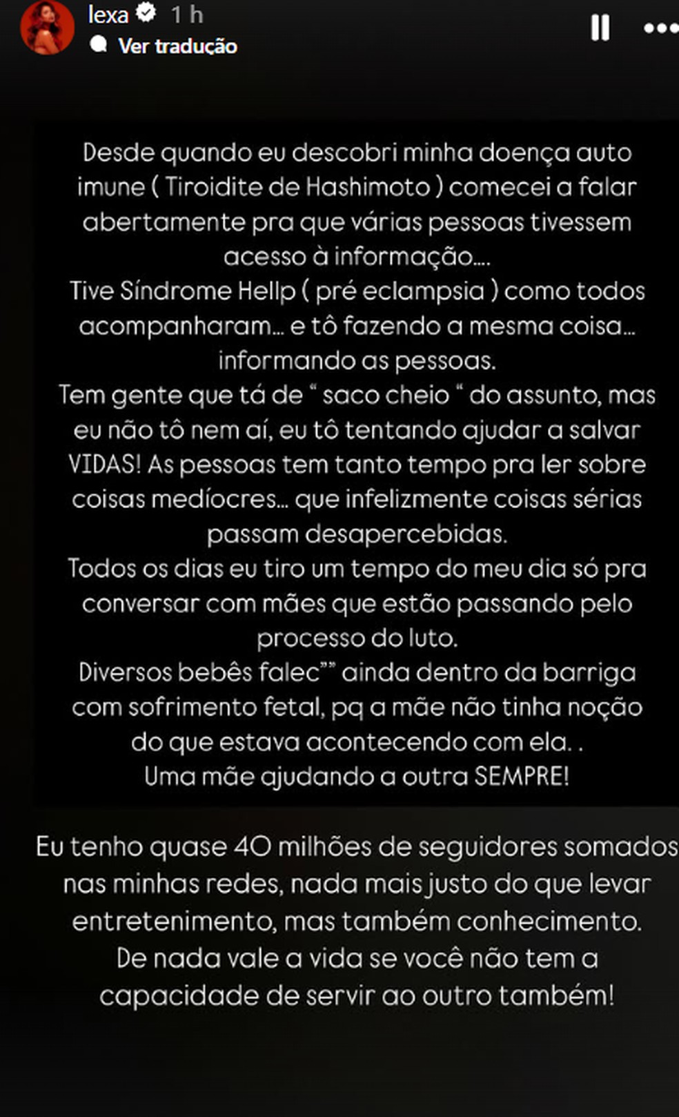 Lexa faz desabafo nas redes sociais — Foto: Reprodução/Instagram