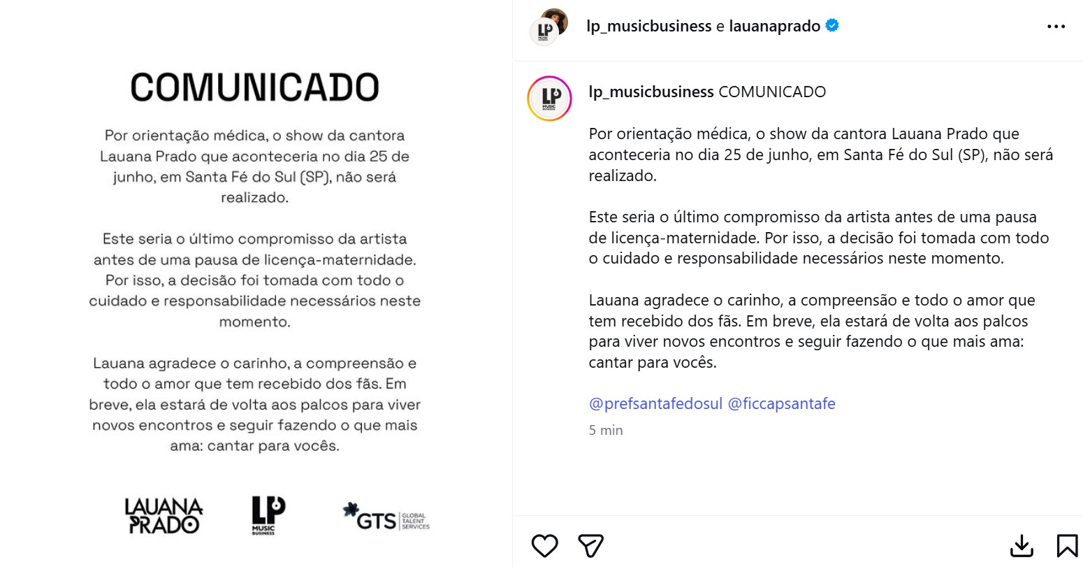 Na reta final da gravidez, Lauana Prado cancela último show antes de dar à luz ao primeiro filho