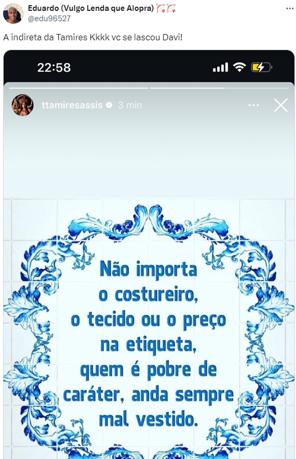 Tamires Assis faz post enigmático e web aponta indireta a Davi — Foto: X/Reprodução