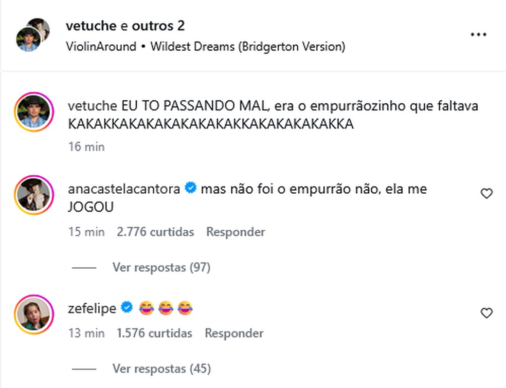 Ana Castela e Zé Felipe comentam publicação de amigo — Foto: Reprodução/Instagram