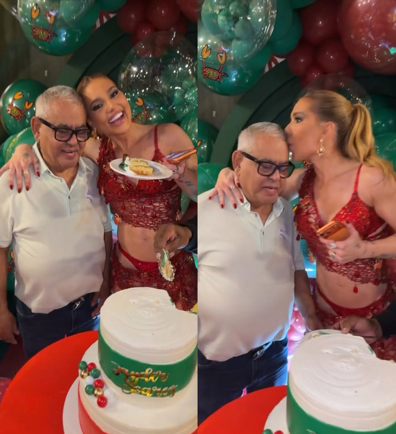 Presidente de honra da Grande Rio dá o primeiro pedaço de bolo de aniversário a Virginia