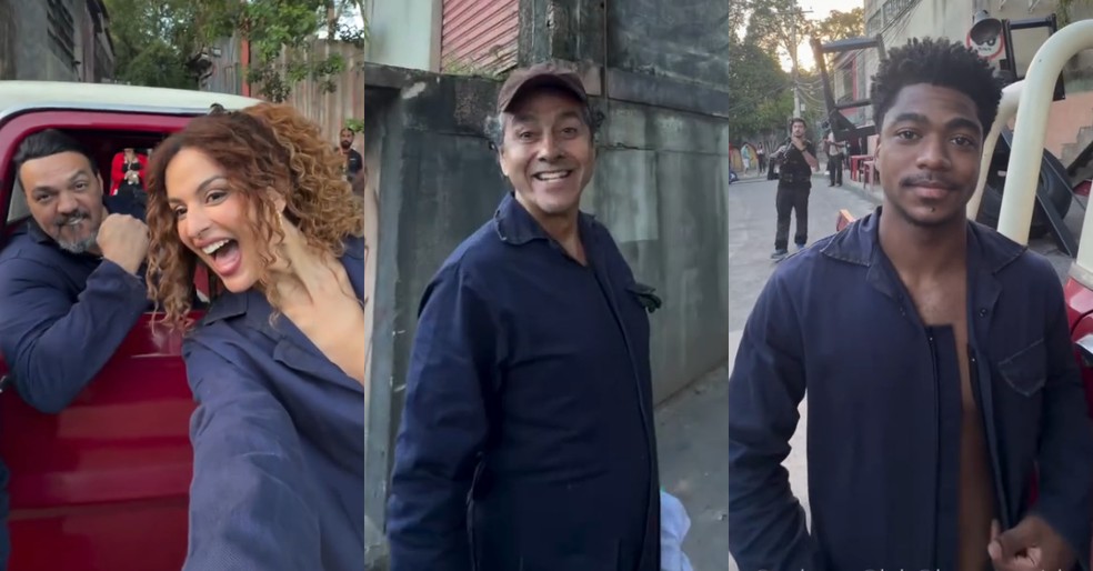 Gabriela Loran mostra bastidores de cena de assalto em Três Graças com Belo, Marcos Palmeira e Guthierry Sotero — Foto: TV Globo