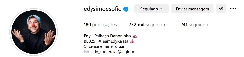 Perfil de Edilberto após 2 meses de programa — Foto: Reprodução / Instagram