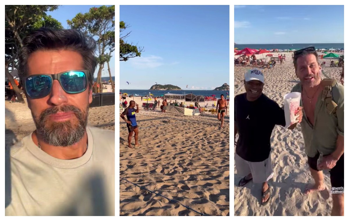 Alberto Cowboy narra futevôlei de Edilson e aproveita praia com Henri Castelli: 'Tudo é equilíbrio'