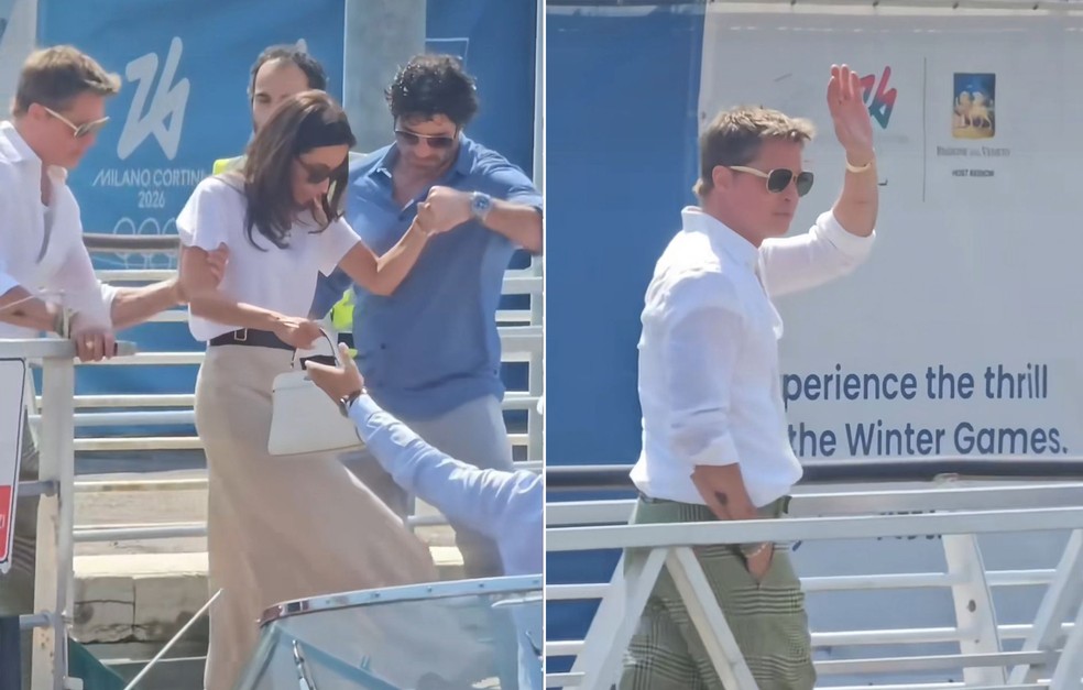 Brad Pitt chega ao Festival de Veneza combinando o look com a namorada, Ines de Ramon — Foto: Reprodução/TikTok