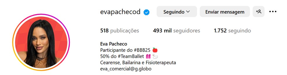 Perfil de Eva após 2 meses de programa — Foto: Reprodução / Instagram