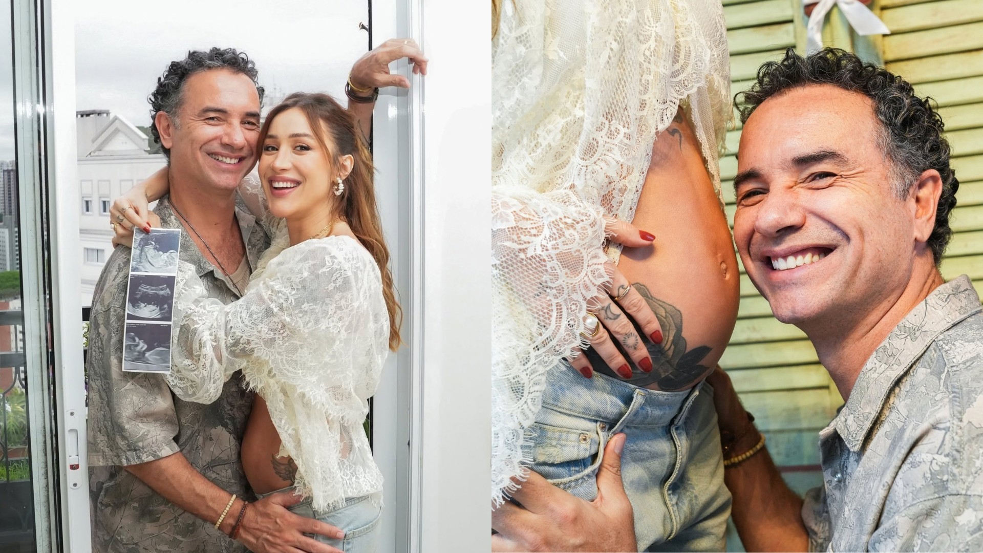 Marco Luque sorrindo ao lado de sua esposa, juntos aguardando a chegada do primeiro filho