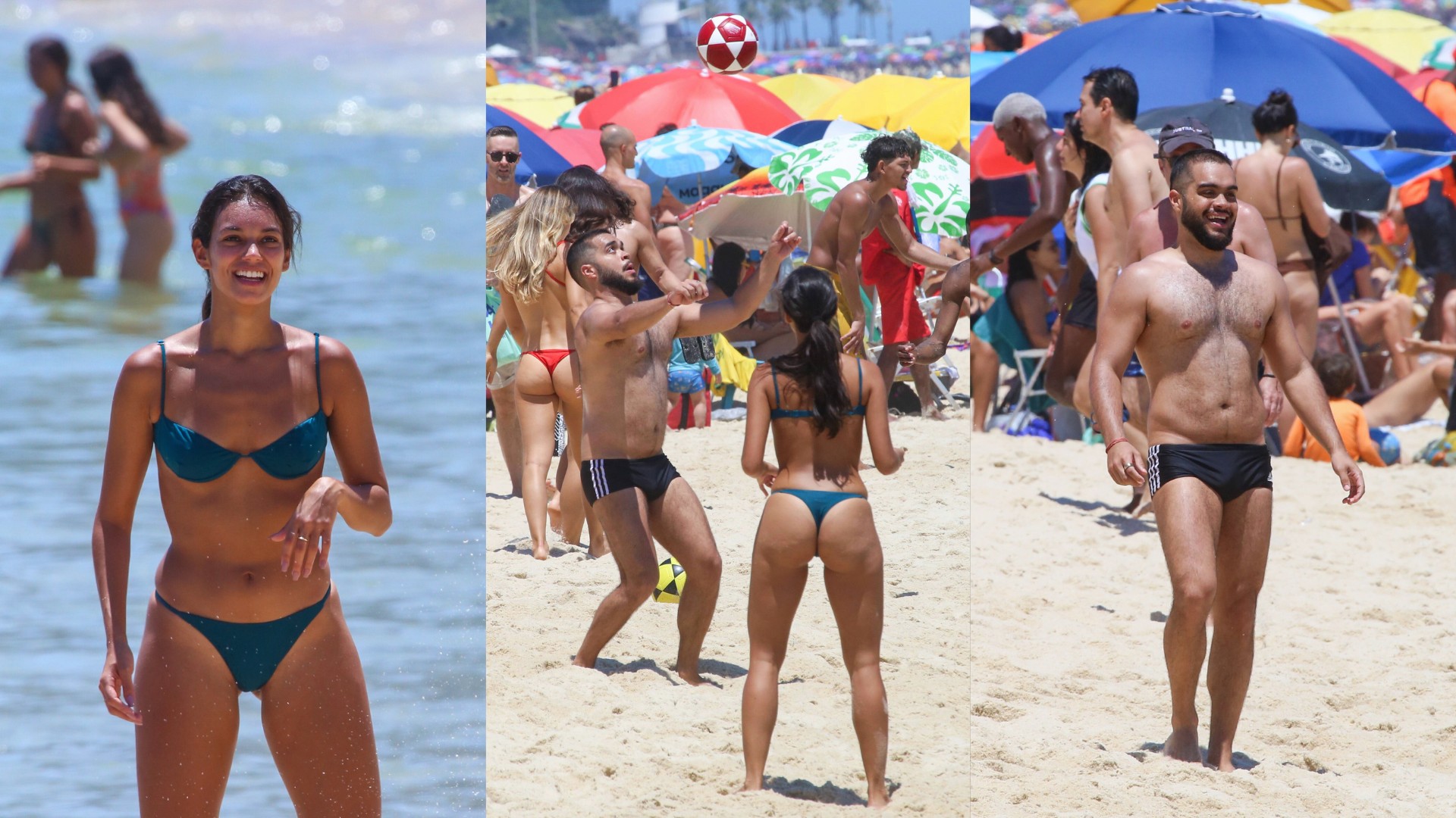 Alane Dias e Francisco Gil aproveitam o Natal jogando altinha em praia da Zona Sul do Rio