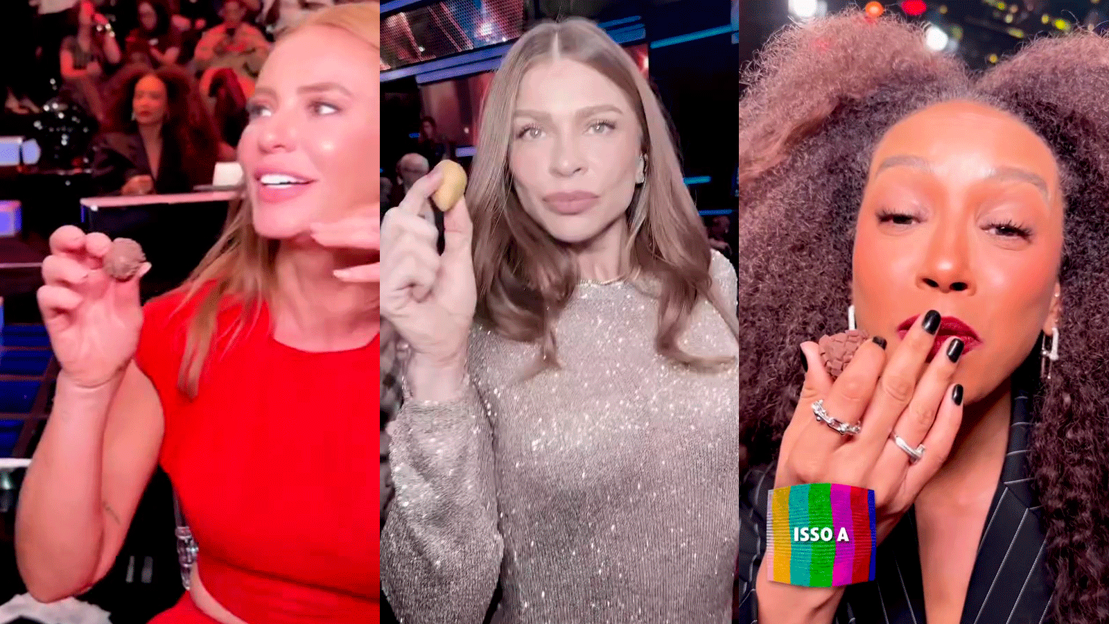 Grazi Massafera 'se acaba' na coxinha, enquanto Paolla Oliveira e Taís Araujo 'amassam' brigadeiro