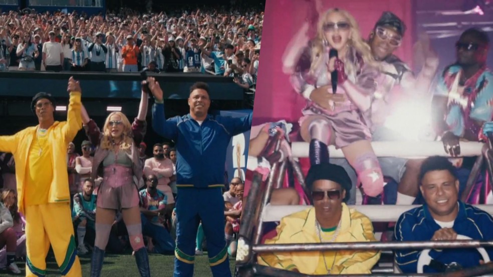 Ronaldinho Gaúcho e Ronaldo Fenômeno participam de show com Madonna na final da Copa do Mundo — Foto: Globo