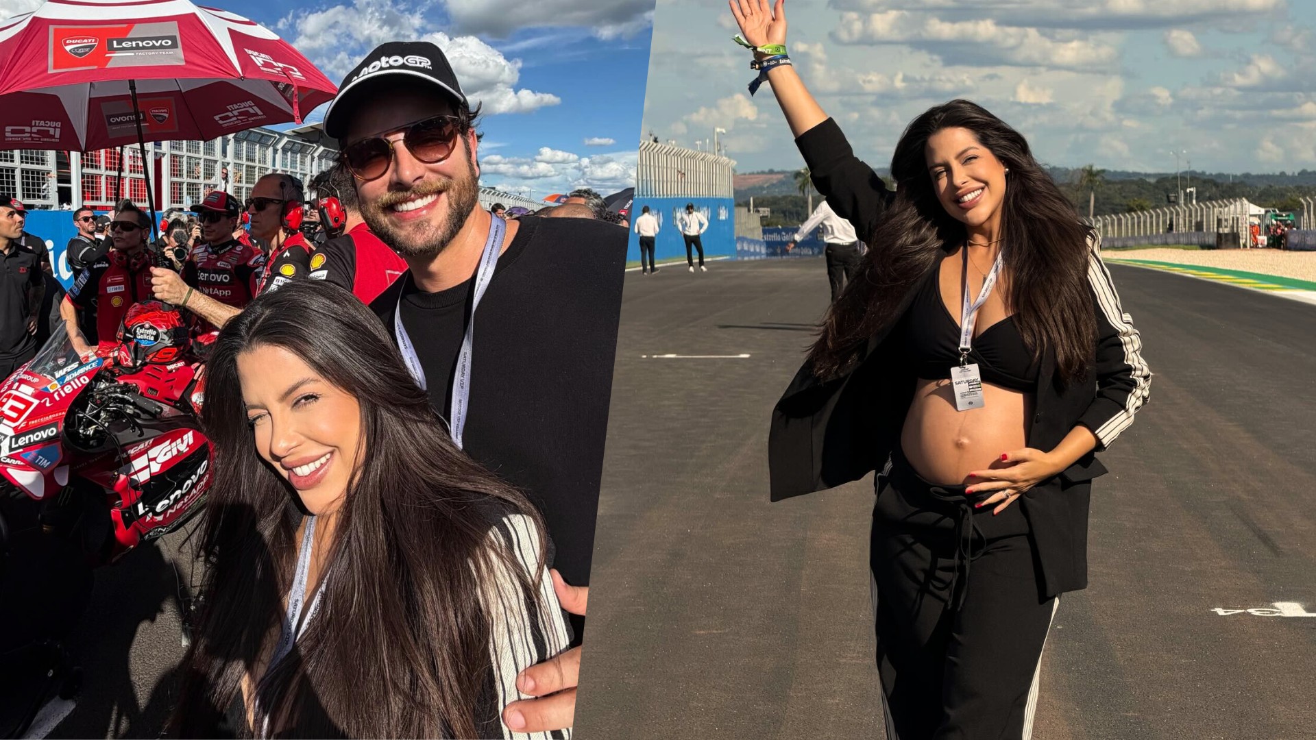 Laís Caldas exibe barriga de grávida ao lado de Gustavo Marsengo na MotoGP Brasil