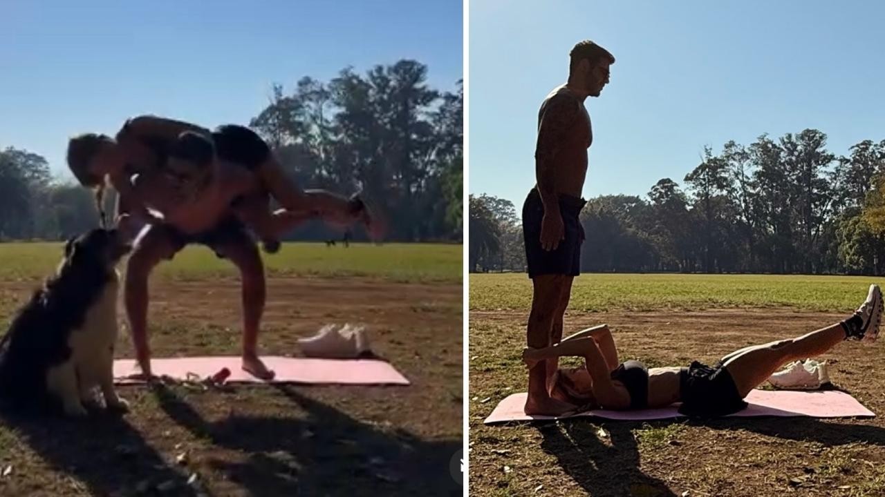 Ex-BBB Rodrigo Mussi treina agachamento com a nova namorada, Ana Laura Biégas, nas costas