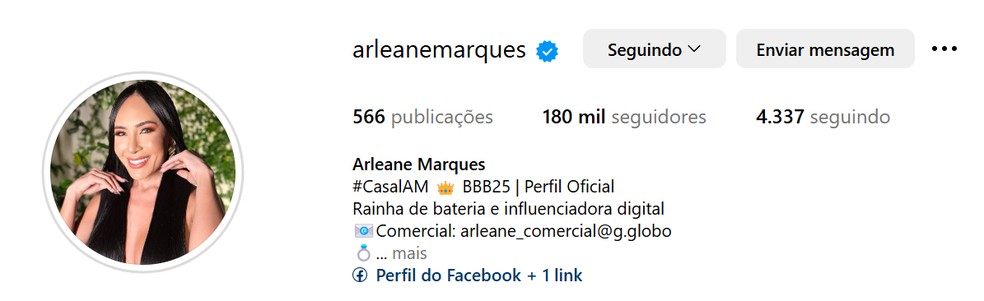 Perfil de Arleane após 2 meses de programa — Foto: Reprodução / Instagram