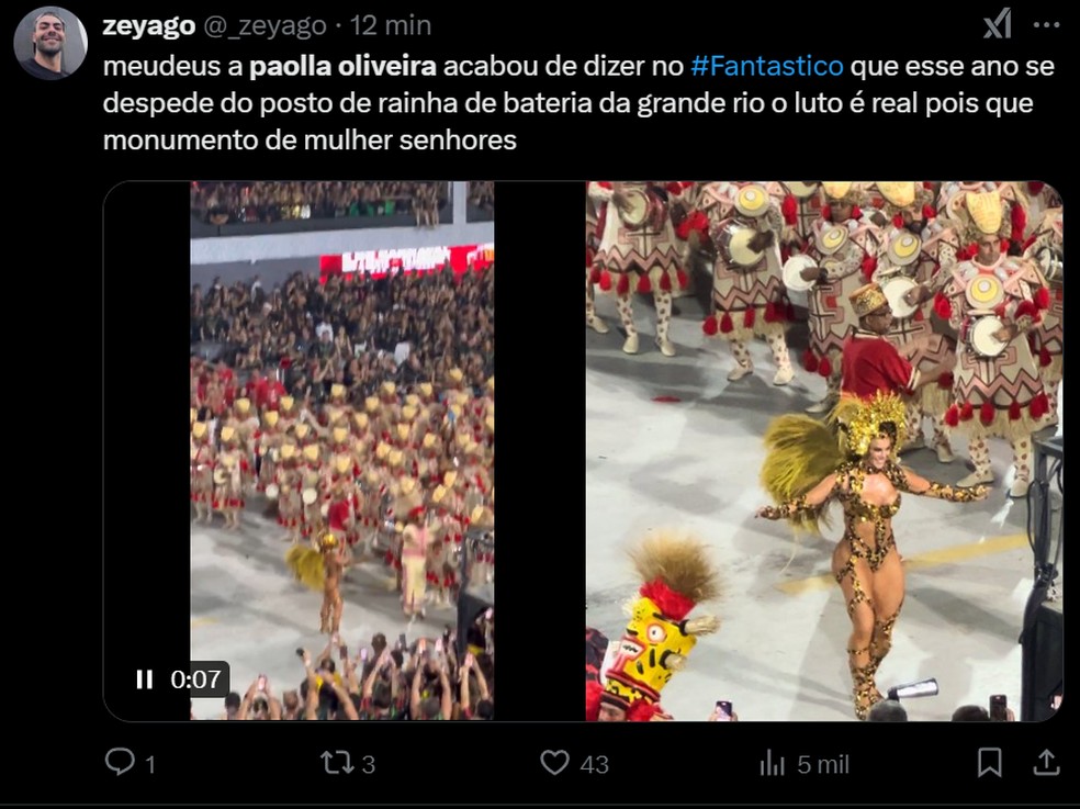 Paolla Oliveira anuncia despedida do posto de Rainha de Bateria da Grande Rio — Foto: Reprodução/X