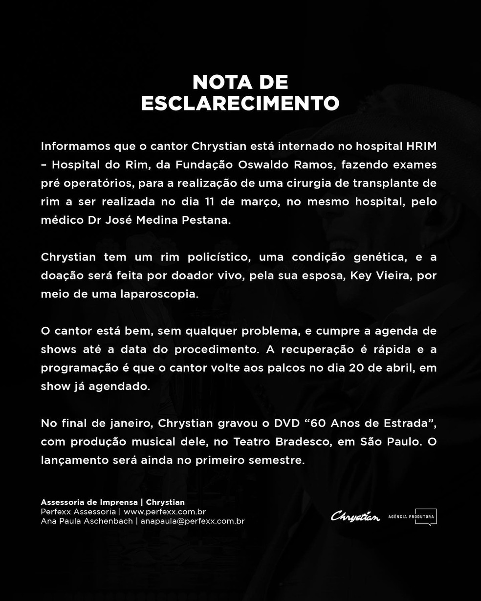 Nota de esclarecimento sobre a saúde do cantor Chrystian — Foto: Reprodução Instagram