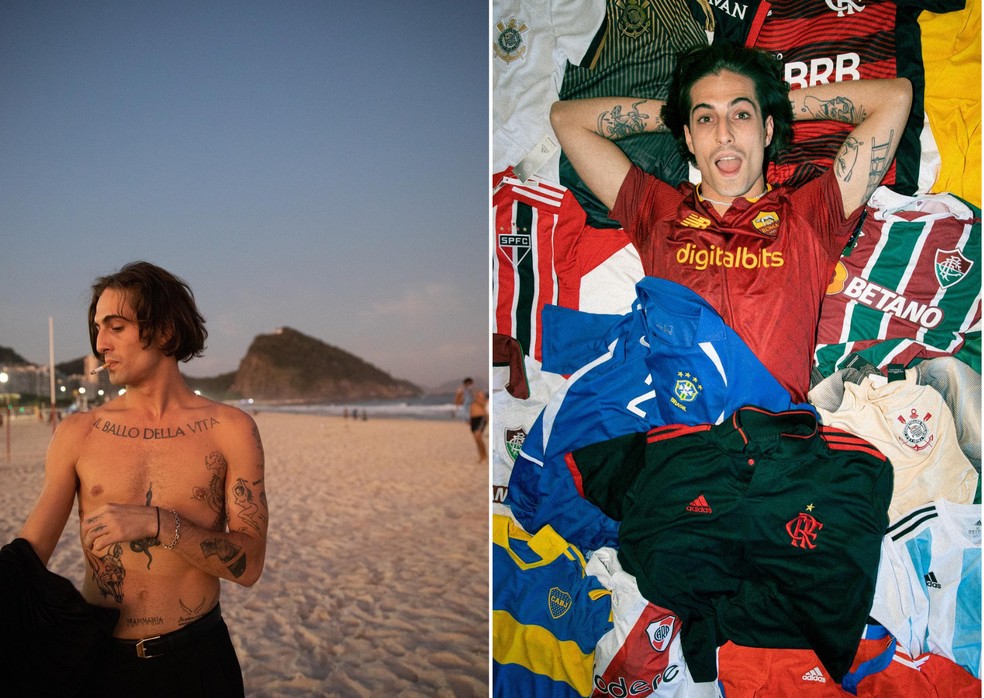 Damiano David em Copacabana e com camisas do Brasil — Foto: Instagram/Reprodução