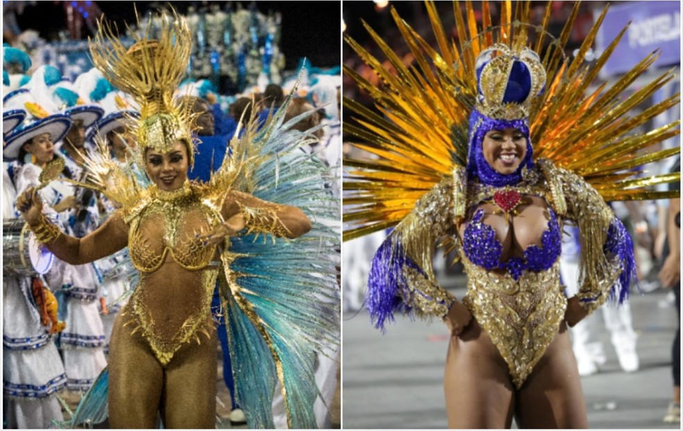 Bianca Monteiro em 2017, na estreia como rainha de bateria na Portela, e em 2025 &mdash; Foto: Raphael Dias/Getty Images e Tata Barreto | Riotur