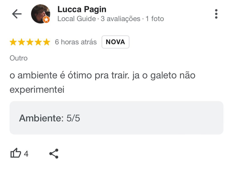 Luísa Sonza e Chico Moedas: usuários deixam resenhas em suposto bar de traição — Foto: Reprodução/Google